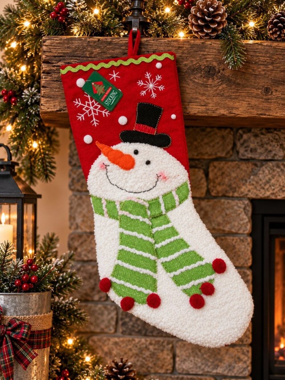 Red Snowman Scarf Snowflake Christmas Stocking Holiday Decoration Sherpa Pom